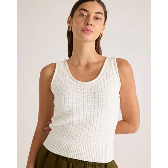 Quince 100% Organic Cotton Waffle Stitch Cropped Sweater Tank Sz Small White - Picture 1 of 9